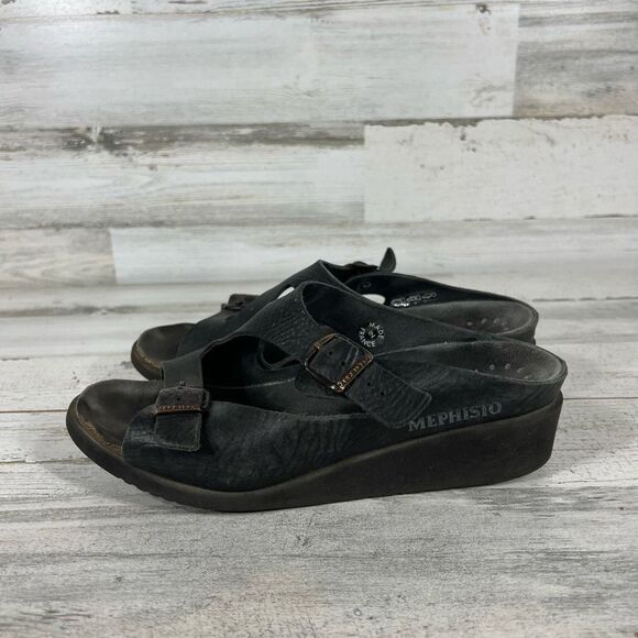 Mephisto Women's Sandals Mid Heel Slip On Buckle Leather Strap Black Size 9 - Picture 2 of 7